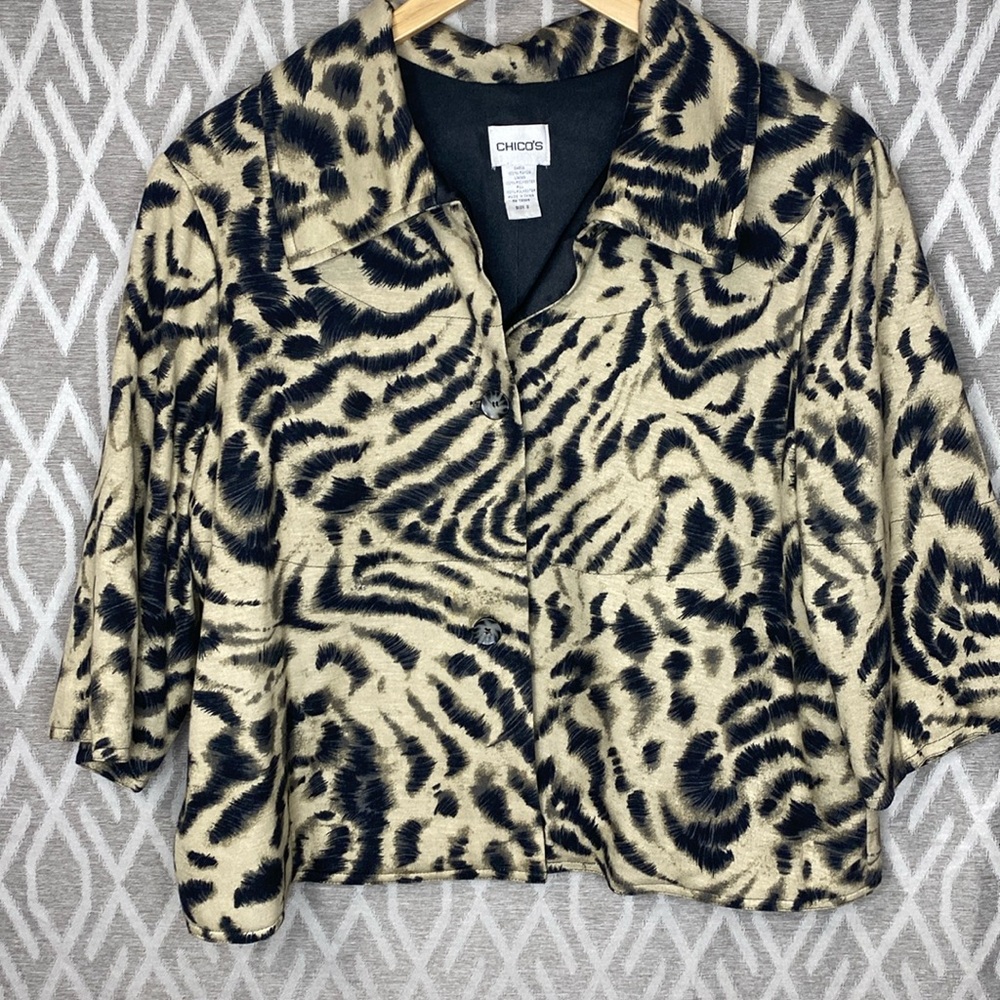 Chico’s Cropped Swing Blazer Beige Animal Print 3/4 Sleeve Jacket Size: 2